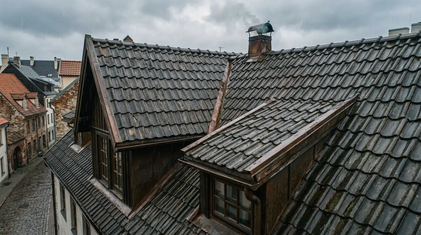 Mājas jumts ar redzamu noplūdi pēc lietus Rīgā