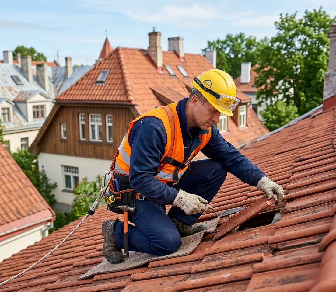 Profesionāls jumta noplūdes speciālists veic apsekošanu uz jumta Rīgā